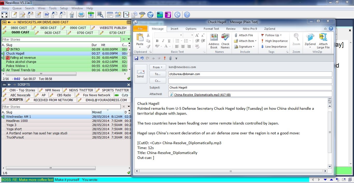 Stories can be emailed from NewsBoss with a simple right-click to send text and audio from the default email client installed on the computer. Click to enlarge. Email-story1b